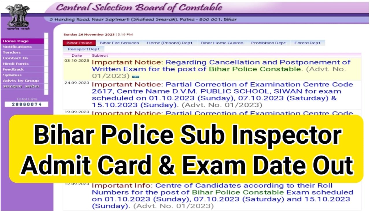 Bihar Police Sub Inspector Admit Card 2023 Download Link, Exam Date Out - यहां से चेक करें @bpssc.bih.nic.in
